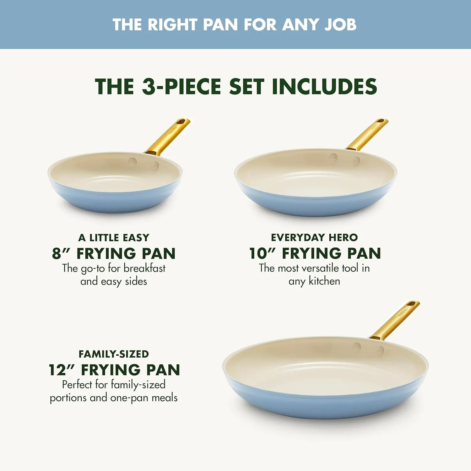 GreenPan Reserve Hard Anodized Healthy Ceramic Nonstick 8" 10" & 12" 3 Piece Frying Pan Skillet Set, Gold Handle, PFAS-Free, Dishwasher Safe, Oven Safe, Sky Blue