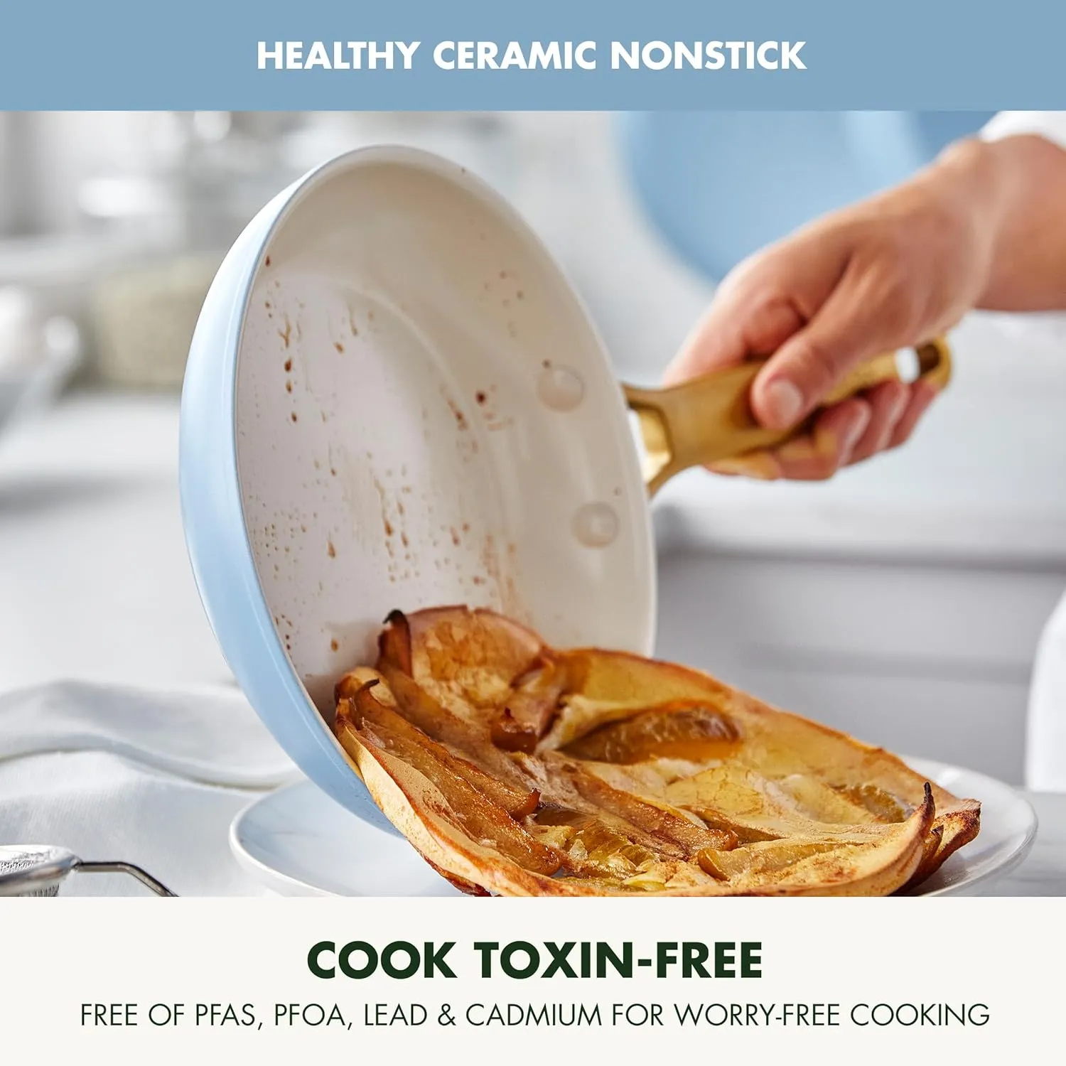 GreenPan Reserve Hard Anodized Healthy Ceramic Nonstick 8" 10" & 12" 3 Piece Frying Pan Skillet Set, Gold Handle, PFAS-Free, Dishwasher Safe, Oven Safe, Sky Blue