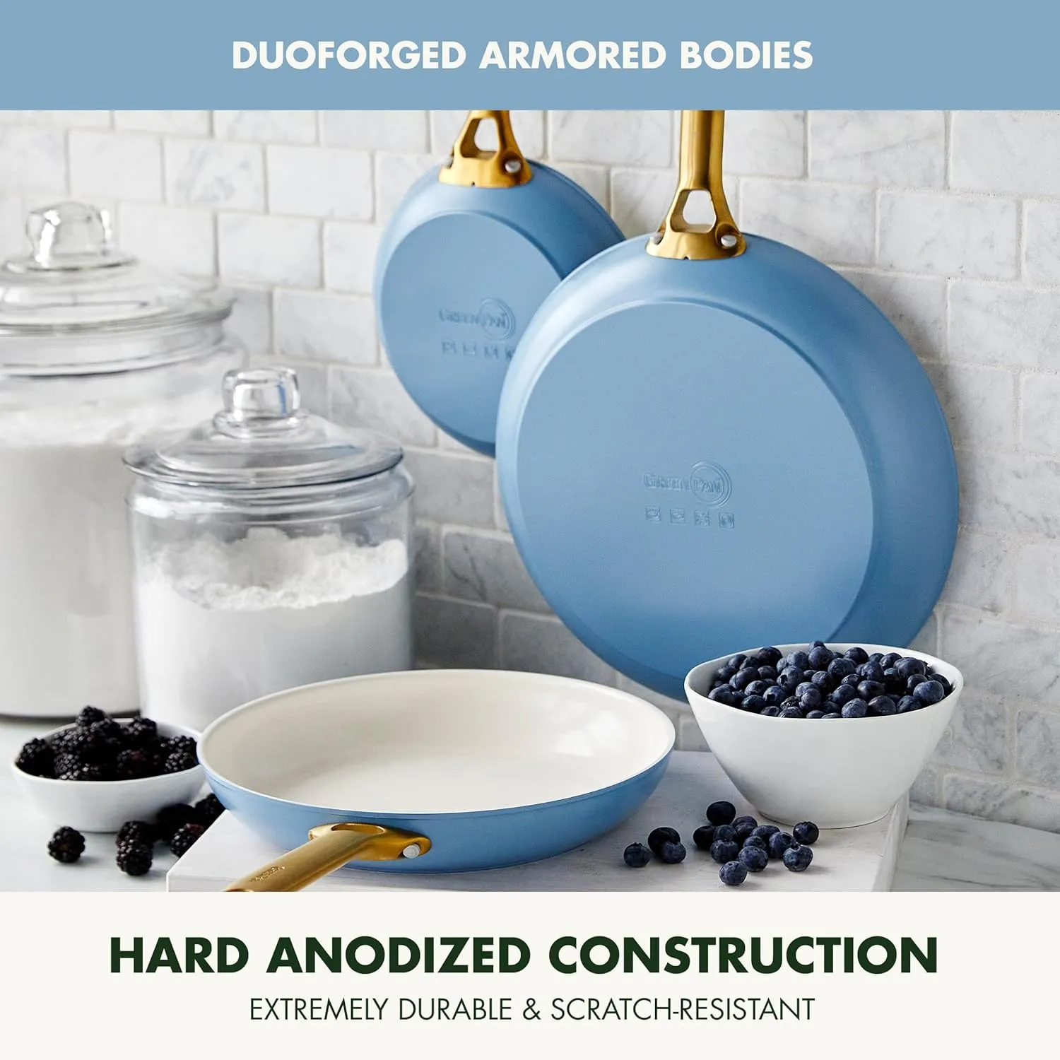 GreenPan Reserve Hard Anodized Healthy Ceramic Nonstick 8" 10" & 12" 3 Piece Frying Pan Skillet Set, Gold Handle, PFAS-Free, Dishwasher Safe, Oven Safe, Sky Blue