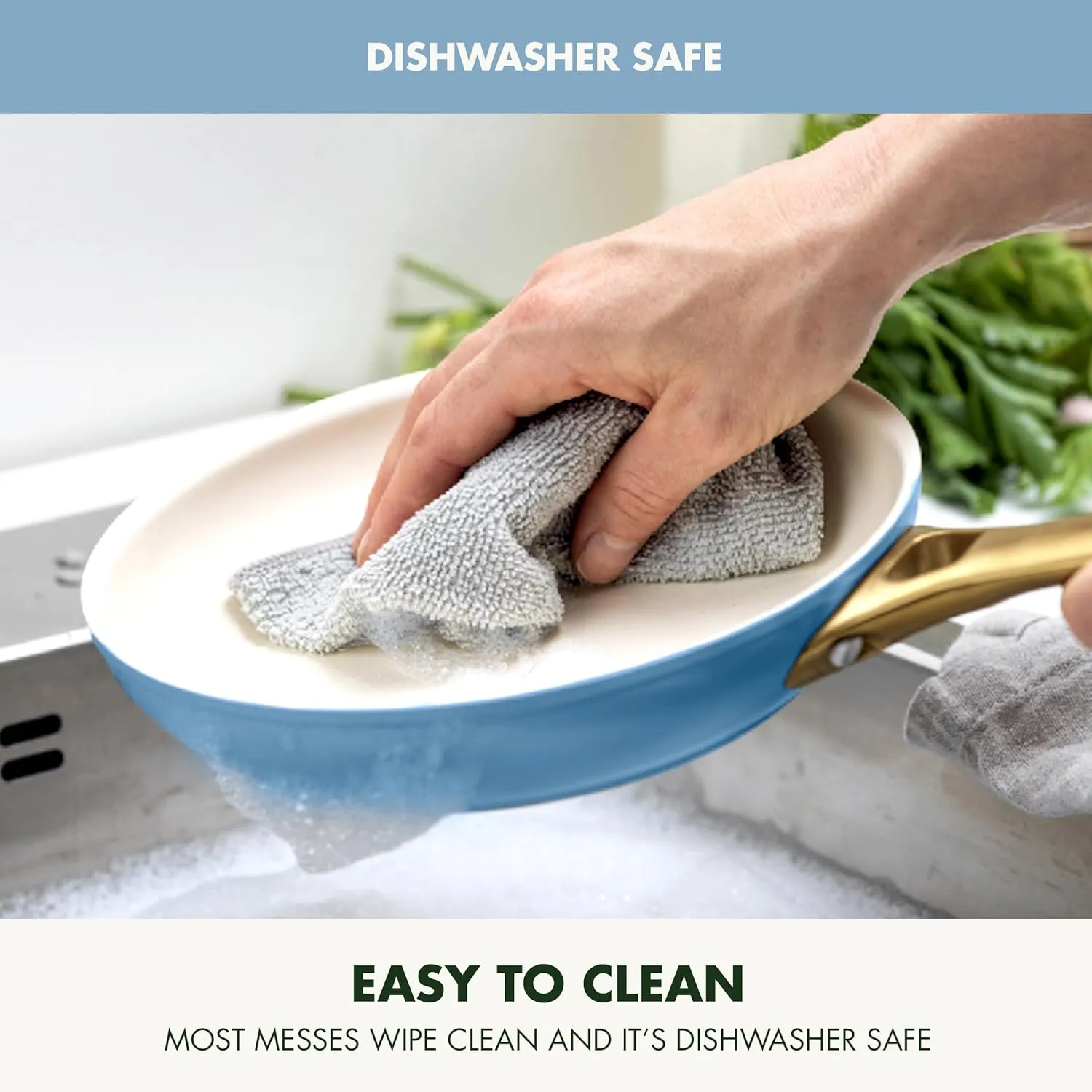 GreenPan Reserve Hard Anodized Healthy Ceramic Nonstick 8" 10" & 12" 3 Piece Frying Pan Skillet Set, Gold Handle, PFAS-Free, Dishwasher Safe, Oven Safe, Sky Blue