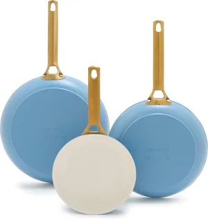 GreenPan Reserve Hard Anodized Healthy Ceramic Nonstick 8" 10" & 12" 3 Piece Frying Pan Skillet Set, Gold Handle, PFAS-Free, Dishwasher Safe, Oven Safe, Sky Blue