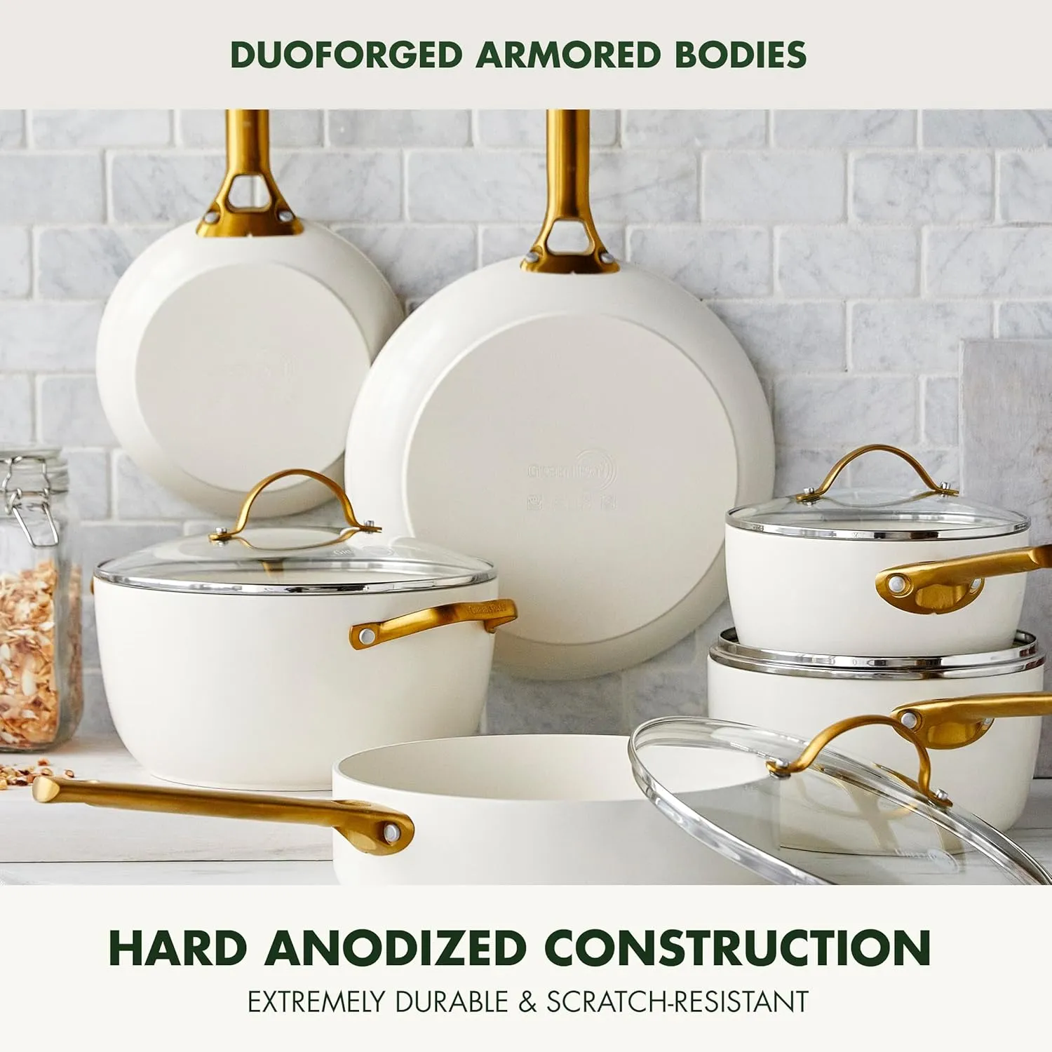 GreenPan Reserve Hard Anodized Healthy Ceramic Nonstick 8" and 10" Frying Pan Skillet Set, Gold Handle, PFAS-Free, Dishwasher Safe, Oven Safe, Cream White