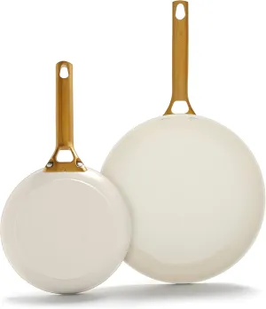 GreenPan Reserve Hard Anodized Healthy Ceramic Nonstick 8" and 10" Frying Pan Skillet Set, Gold Handle, PFAS-Free, Dishwasher Safe, Oven Safe, Cream White