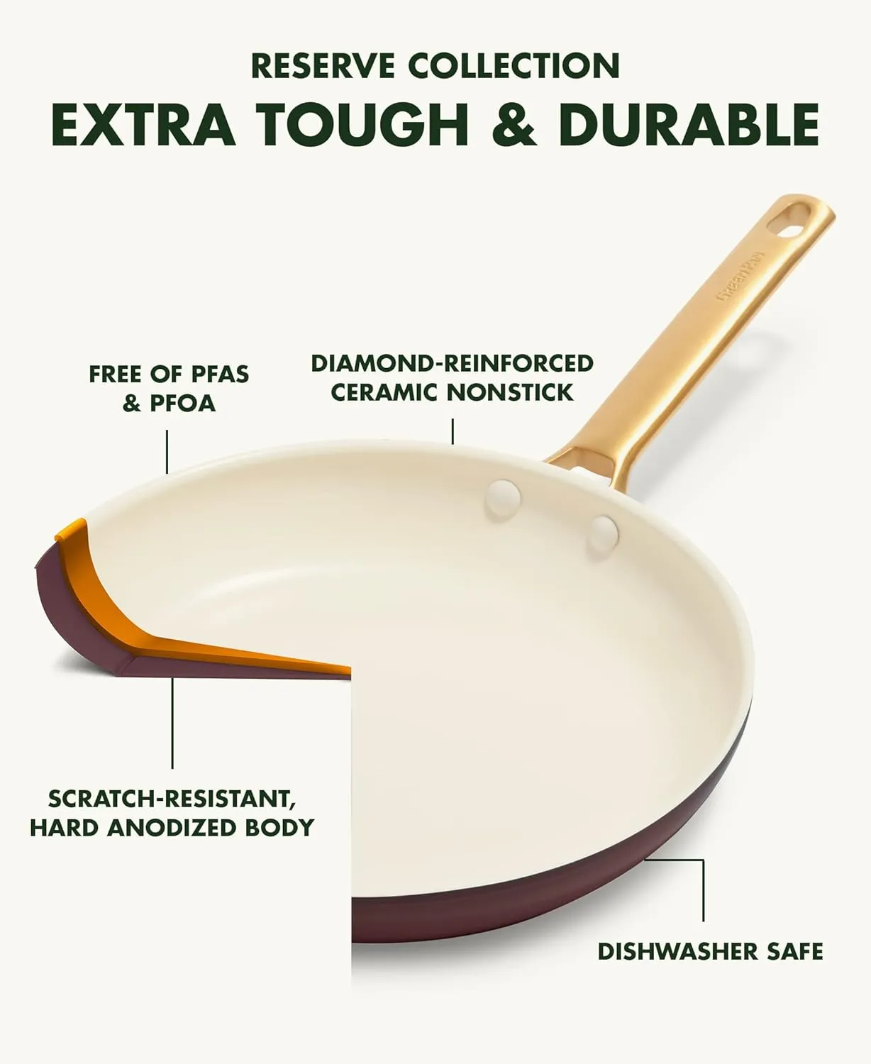 GreenPan Reserve Hard Anodized Healthy Ceramic Nonstick 8" and 11" Frying Pan Skillet Set, Gold Handle, PFAS-Free, Dishwasher Safe, Oven Safe, Merlot Red