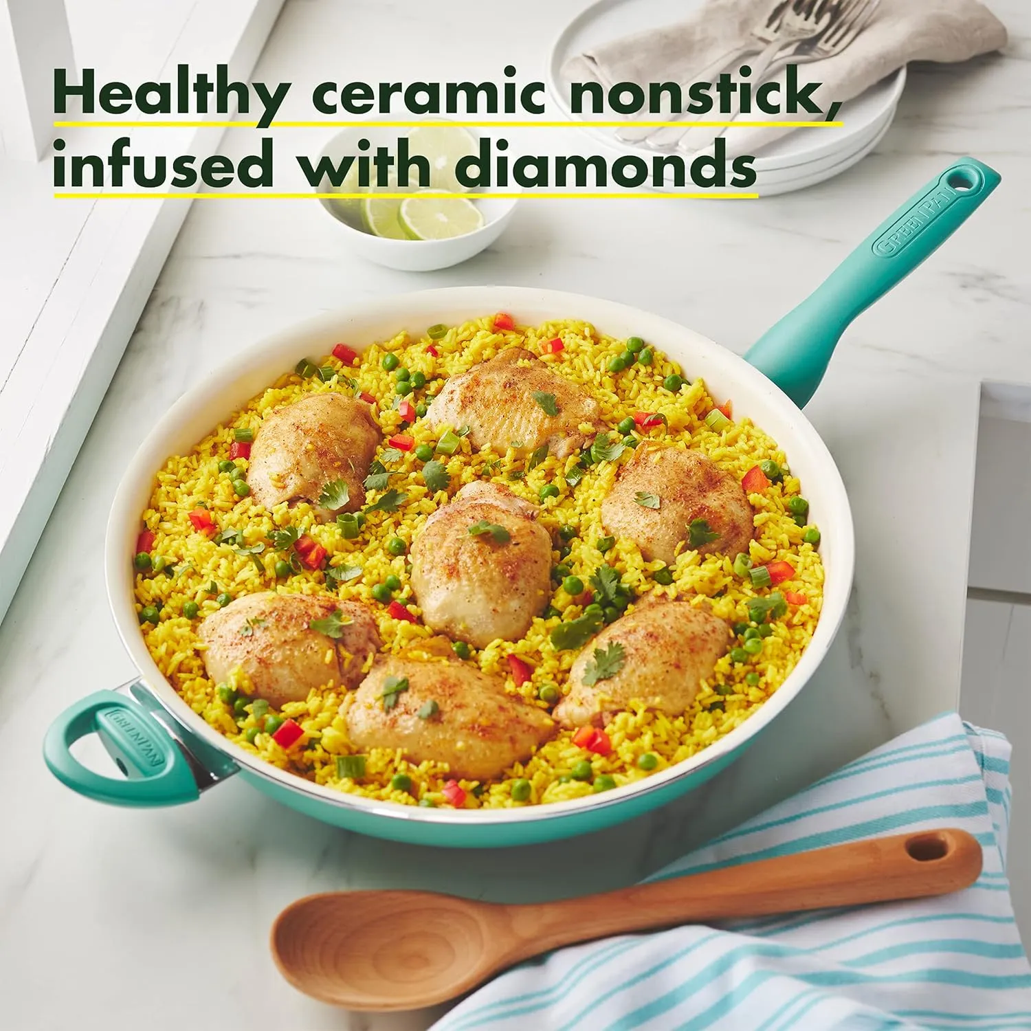 GreenPan Rio Healthy Ceramic Nonstick 13.5" Frying Pan Skillet with Helper Handle, PFAS-Free, Dishwasher Safe, Turquoise