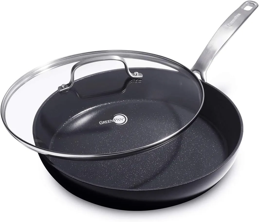 GreenPan SearSmart Hard Anodized Healthy Ceramic Nonstick, 12" Frying Pan Skillet with Lid, PFAS-Free, Textured Surface, Dishwasher Safe, Black