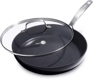 GreenPan SearSmart Hard Anodized Healthy Ceramic Nonstick, 12" Frying Pan Skillet with Lid, PFAS-Free, Textured Surface, Dishwasher Safe, Black