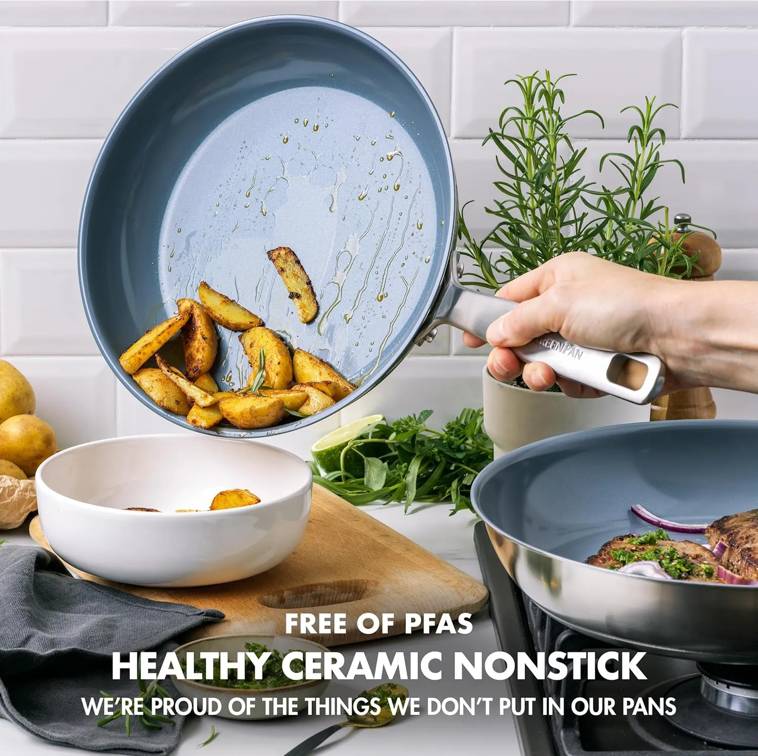 GreenPan Treviso 9.5” and 11” Frying Pan skillet Set, Non-Toxic PFAS-Free Stainless Steel Ceramic Nonstick Coating, Induction Suitable, Multi Clad, Pouring Rims, Dishwasher & Oven Safe to 600°