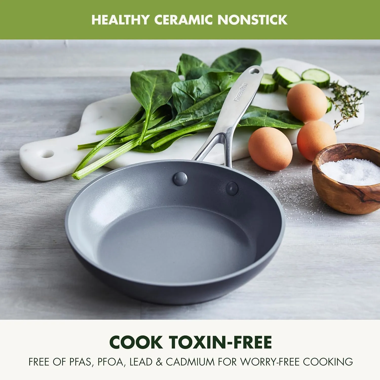 GreenPan Valencia Pro 8" Skillet, PFOA and PFAS-Free, Healthy Ceramic Nonstick: Hard Anodized Pan for Non-Toxic Cooking Induction & Dishwasher Safe Oven-Safe to 600°F Easy Clean, Gray