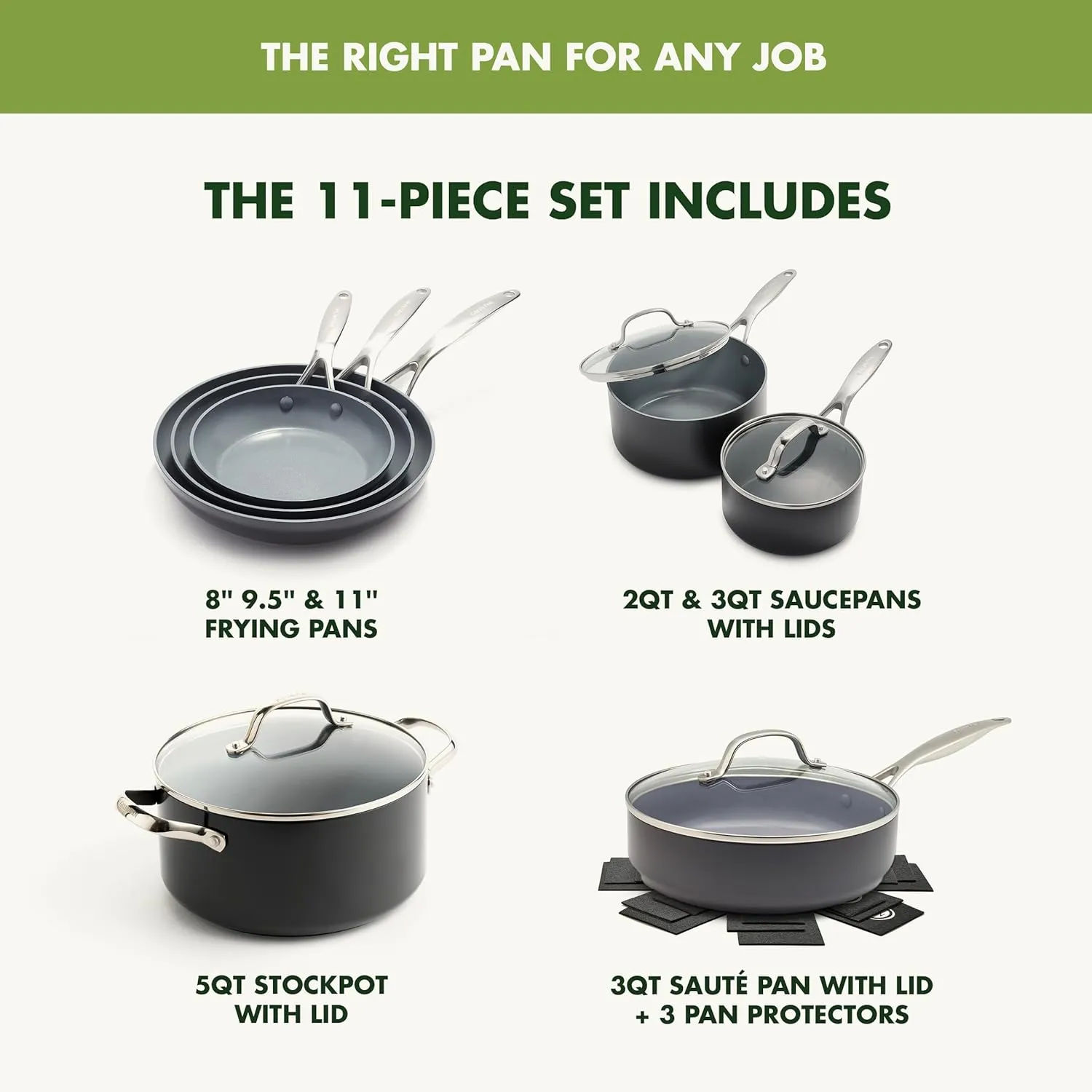 GreenPan Valencia Pro Hard Anodized 11 Piece Cookware Pots and Pans Set, Ceramic Nonstick PFAS-Free PFOA-Free Coating, Induction, Durable Frying Pans, Saucepans, Lids, Dishwasher & Oven Safe, Gray