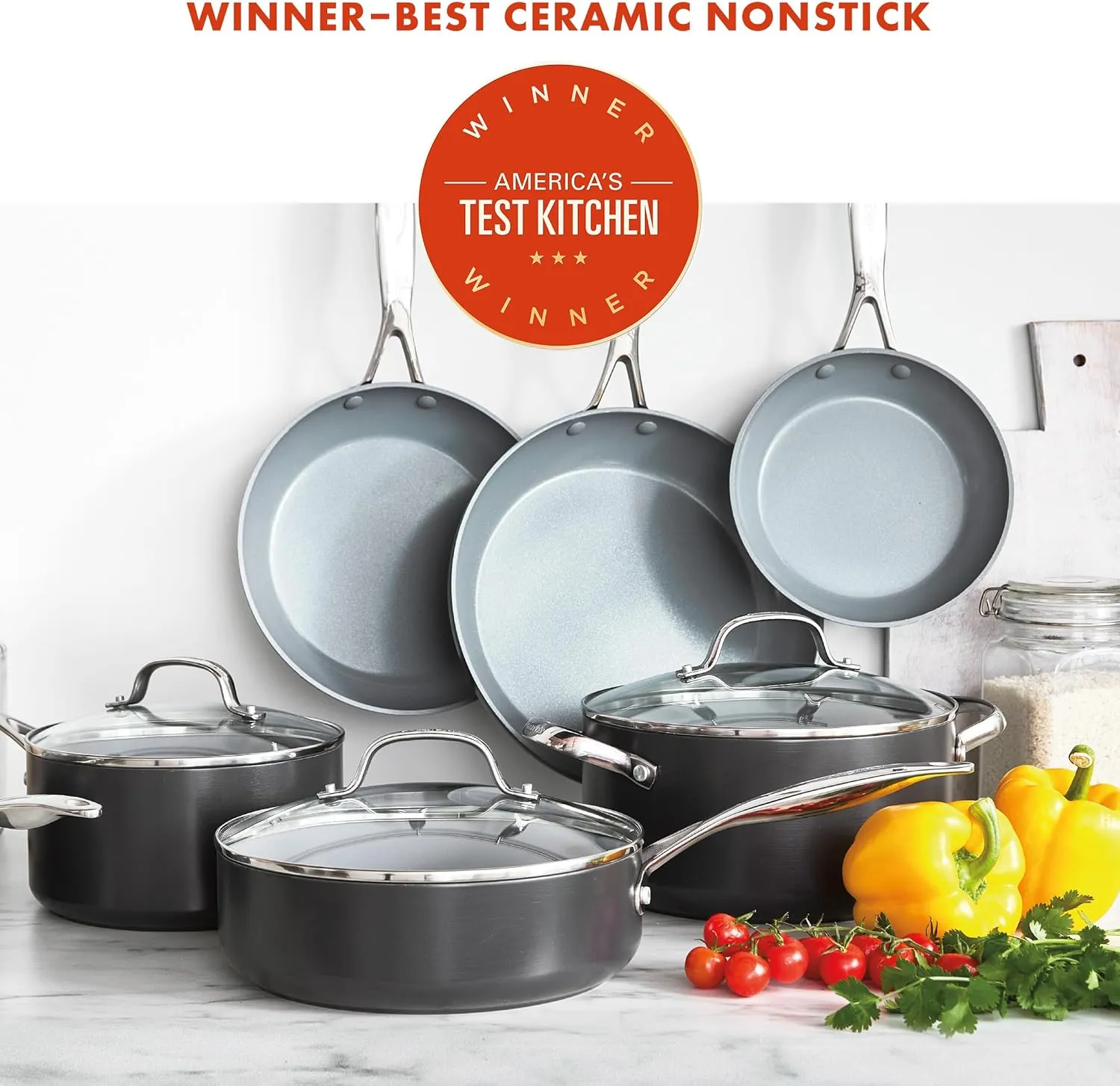 GreenPan Valencia Pro Hard Anodized 11 Piece Cookware Pots and Pans Set, Ceramic Nonstick PFAS-Free PFOA-Free Coating, Induction, Durable Frying Pans, Saucepans, Lids, Dishwasher & Oven Safe, Gray