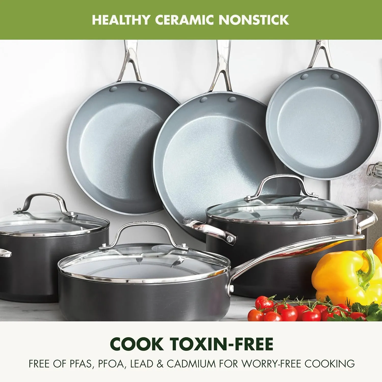 GreenPan Valencia Pro Hard Anodized 11 Piece Cookware Pots and Pans Set, Ceramic Nonstick PFAS-Free PFOA-Free Coating, Induction, Durable Frying Pans, Saucepans, Lids, Dishwasher & Oven Safe, Gray