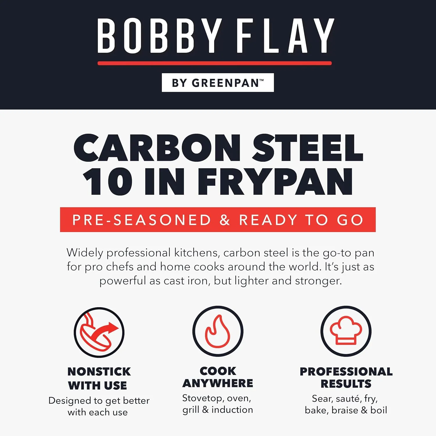 GreenPan x Bobby Flay 10" Carbon Steel Frying Pan Skillet, Pre-Seasoned, Naturally Nonstick, PFAS-Free, Heavy-Duty, High-Heat Safe, Durable & Versatile for Stovetop, Oven, Grill, & Open Flame Cooking