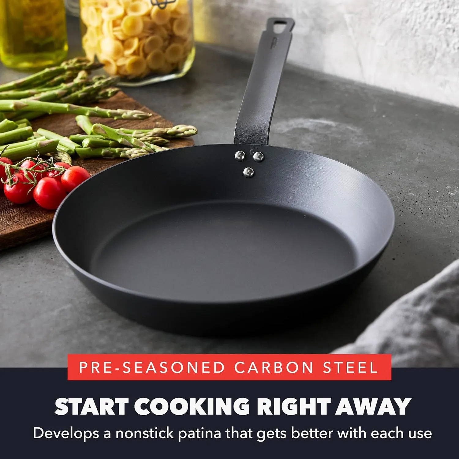 GreenPan x Bobby Flay 10" Carbon Steel Frying Pan Skillet, Pre-Seasoned, Naturally Nonstick, PFAS-Free, Heavy-Duty, High-Heat Safe, Durable & Versatile for Stovetop, Oven, Grill, & Open Flame Cooking