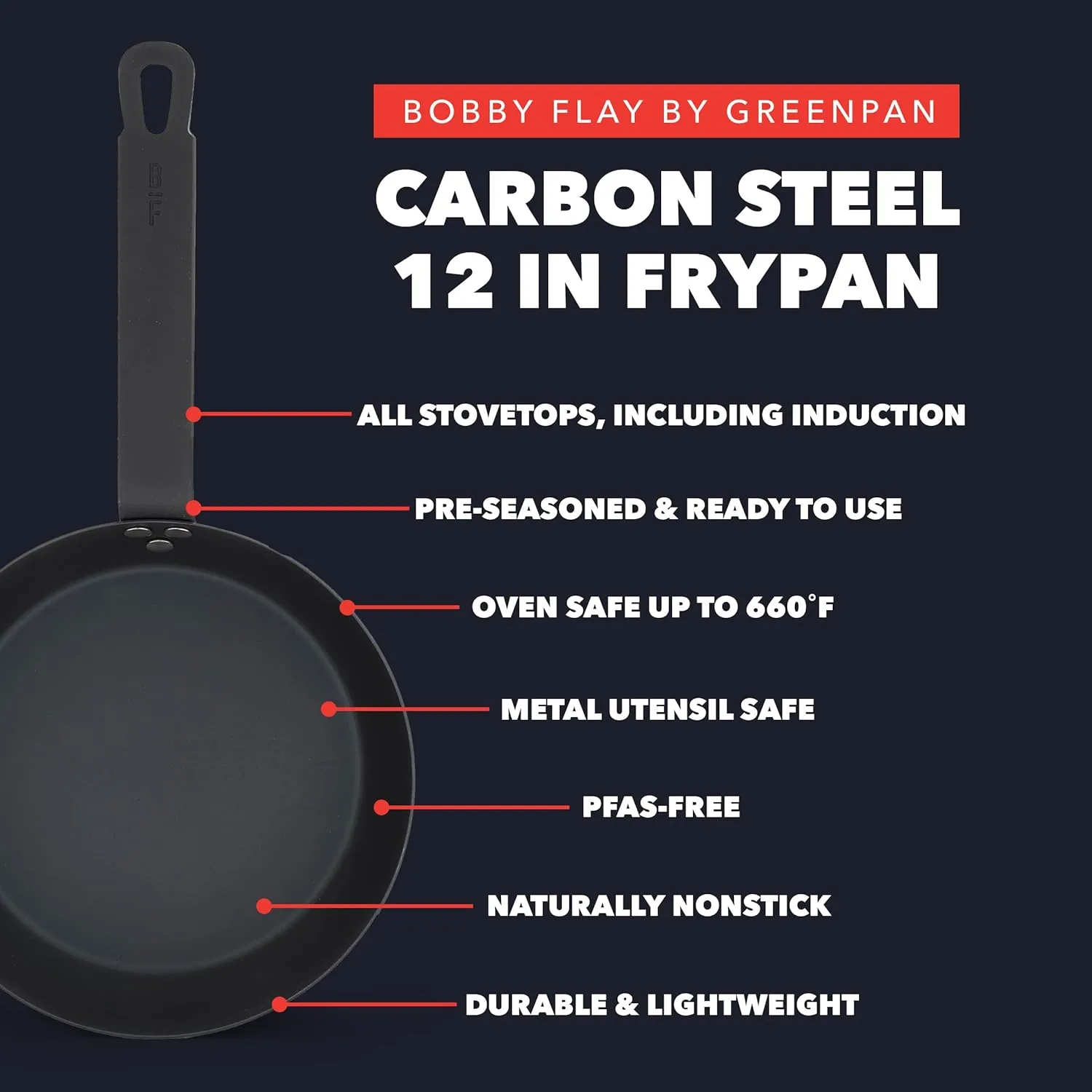 GreenPan x Bobby Flay 12" Carbon Steel Frying Pan Skillet, Pre-Seasoned, Naturally Nonstick, PFAS-Free, Heavy-Duty, High-Heat Safe, Durable & Versatile for Stovetop, Oven, Grill, & Open Flame Cooking