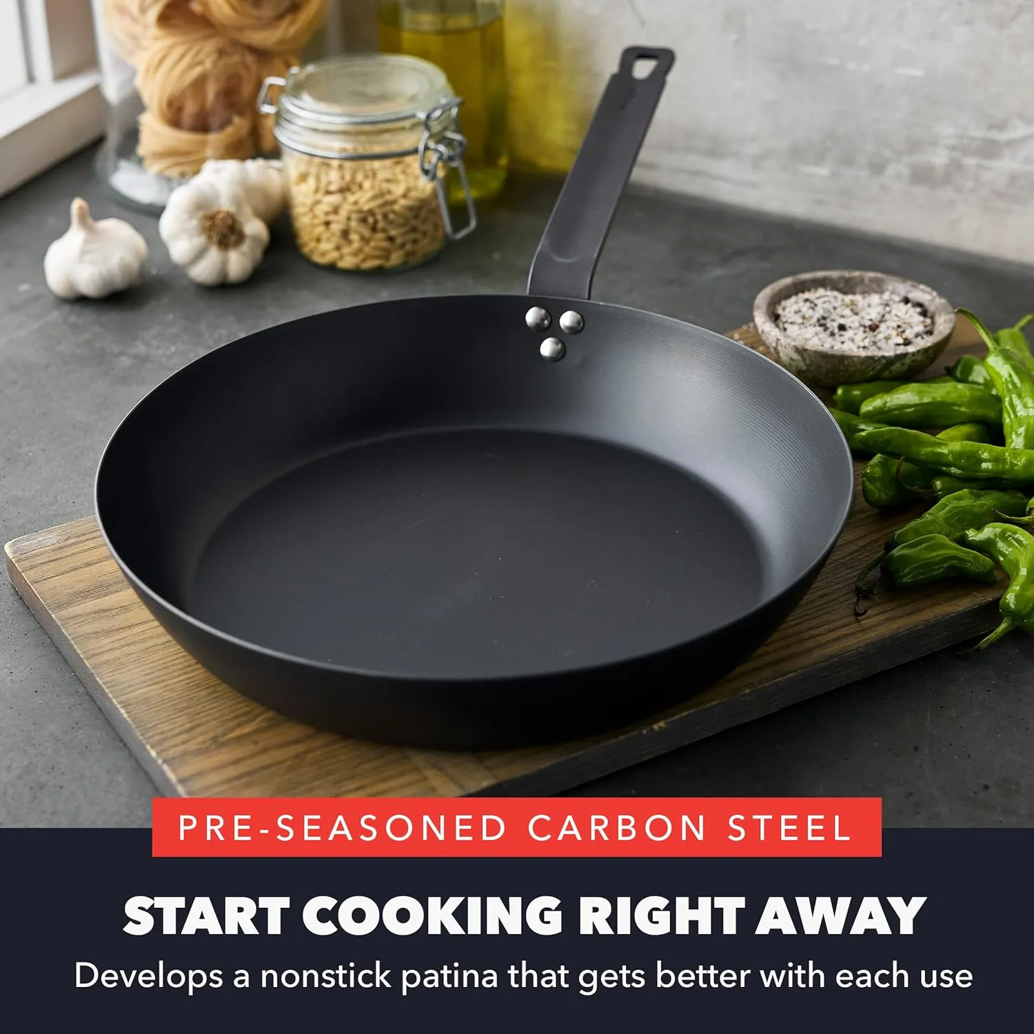 GreenPan x Bobby Flay 12" Carbon Steel Frying Pan Skillet, Pre-Seasoned, Naturally Nonstick, PFAS-Free, Heavy-Duty, High-Heat Safe, Durable & Versatile for Stovetop, Oven, Grill, & Open Flame Cooking