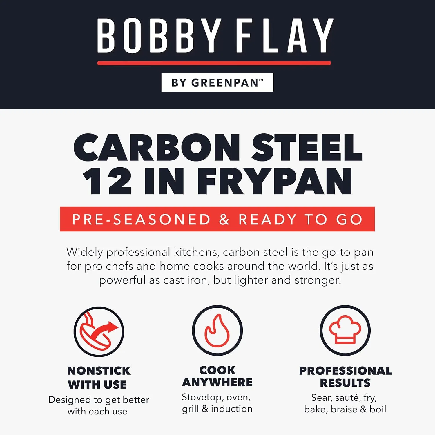 GreenPan x Bobby Flay 12" Carbon Steel Frying Pan Skillet, Pre-Seasoned, Naturally Nonstick, PFAS-Free, Heavy-Duty, High-Heat Safe, Durable & Versatile for Stovetop, Oven, Grill, & Open Flame Cooking