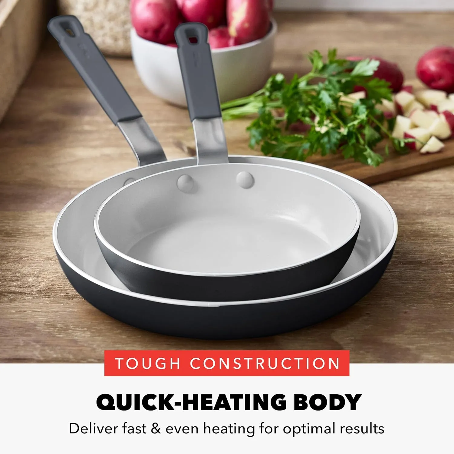 GreenPan x Bobby Flay 8” and 10” Frying Pan Skillet Set, PFAS & PFOA-Free Ceramic Nonstick, Induction Suitable, Stay-Cool Silicone Grip Handle, Dishwasher & Oven Safe, Graphite