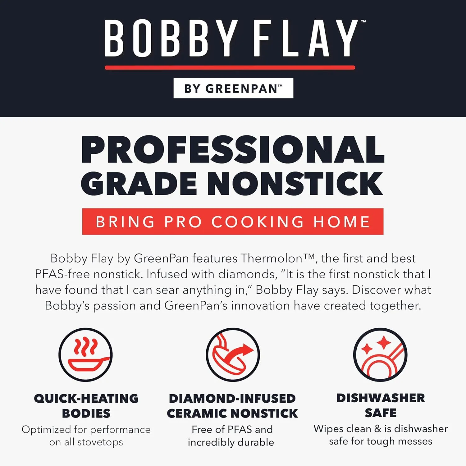 GreenPan x Bobby Flay 8” and 10” Frying Pan Skillet Set, PFAS & PFOA-Free Ceramic Nonstick, Induction Suitable, Stay-Cool Silicone Grip Handle, Dishwasher & Oven Safe, Graphite