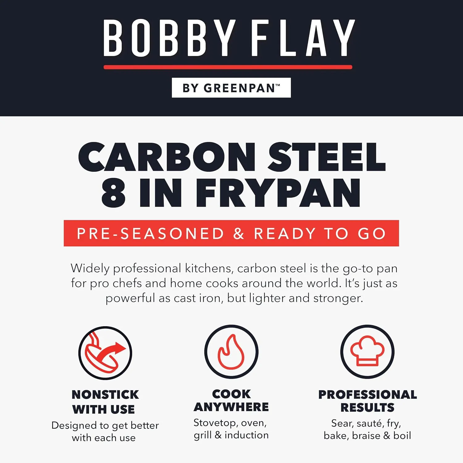 GreenPan x Bobby Flay 8" Carbon Steel Frying Pan Skillet, Pre-Seasoned, Naturally Nonstick, PFAS-Free, Heavy-Duty, High-Heat Safe, Durable & Versatile for Stovetop, Oven, Grill, & Open Flame Cooking
