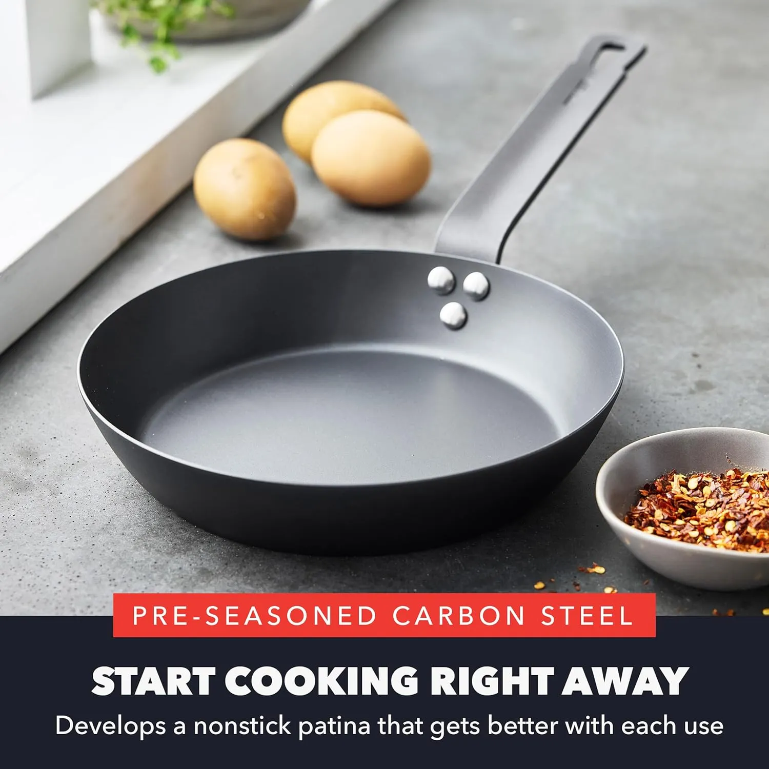 GreenPan x Bobby Flay 8" Carbon Steel Frying Pan Skillet, Pre-Seasoned, Naturally Nonstick, PFAS-Free, Heavy-Duty, High-Heat Safe, Durable & Versatile for Stovetop, Oven, Grill, & Open Flame Cooking