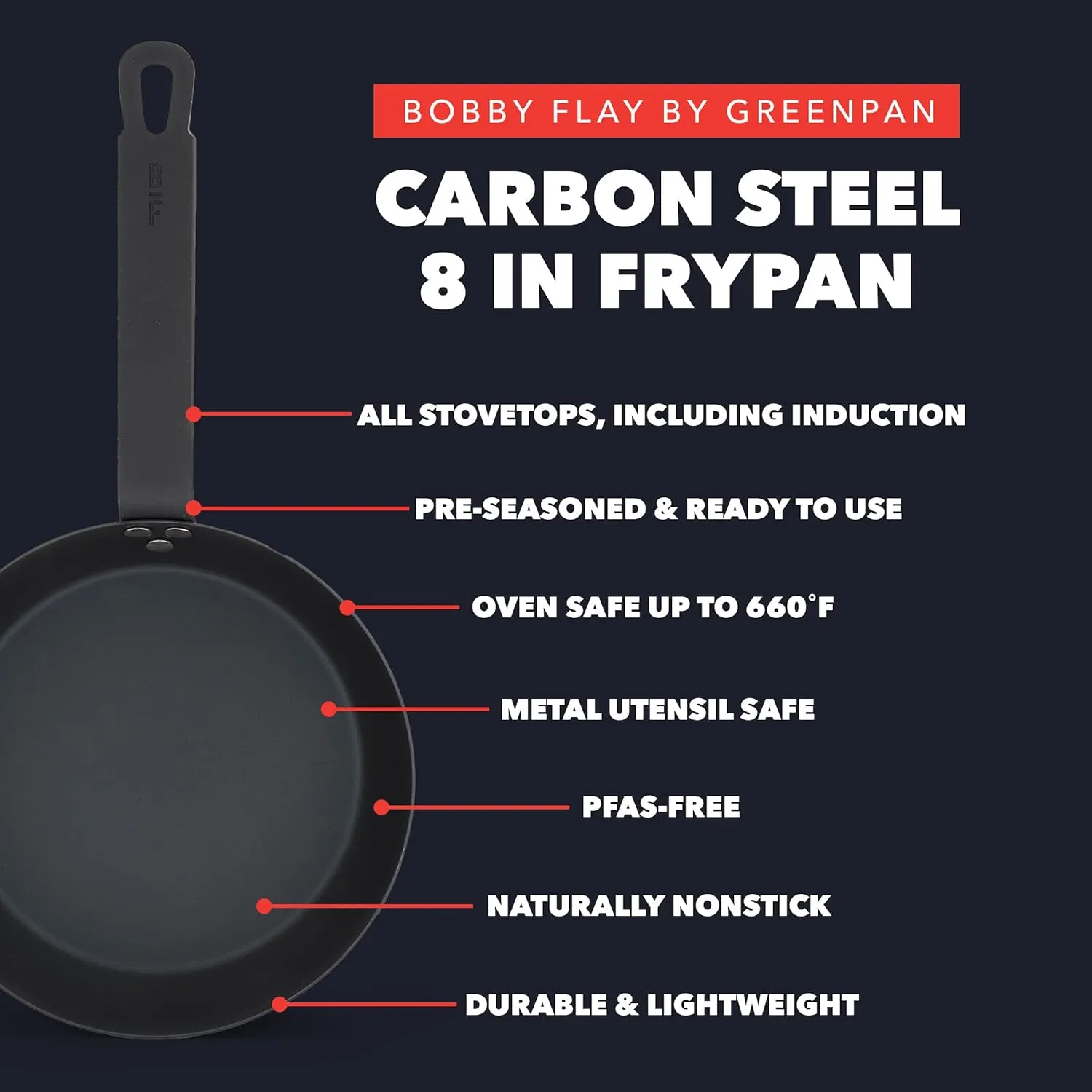 GreenPan x Bobby Flay 8" Carbon Steel Frying Pan Skillet, Pre-Seasoned, Naturally Nonstick, PFAS-Free, Heavy-Duty, High-Heat Safe, Durable & Versatile for Stovetop, Oven, Grill, & Open Flame Cooking