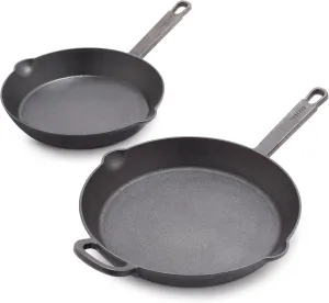 GreenPan x Bobby Flay Cast Iron Pre-Seasoned 8” & 10” Frying Pan Skillet Set, Professional Grade Heavy Duty, Pour Spouts, Induction Versatile Stovetop, Oven, BBQ Fire Grill, Indoor & Outdoor Use,Black