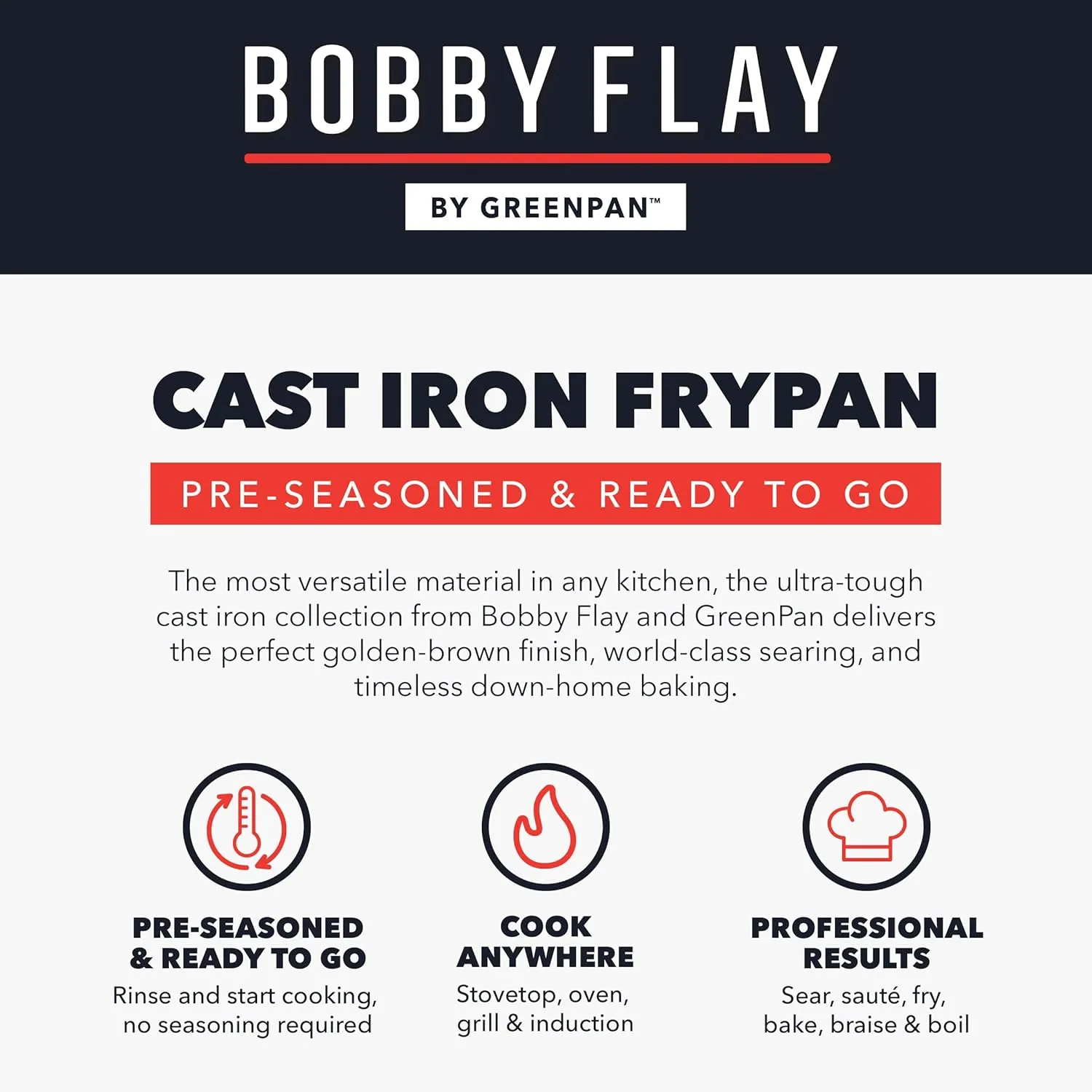 GreenPan x Bobby Flay Cast Iron Pre-Seasoned 8” & 10” Frying Pan Skillet Set, Professional Grade Heavy Duty, Pour Spouts, Induction Versatile Stovetop, Oven, BBQ Fire Grill, Indoor & Outdoor Use,Black