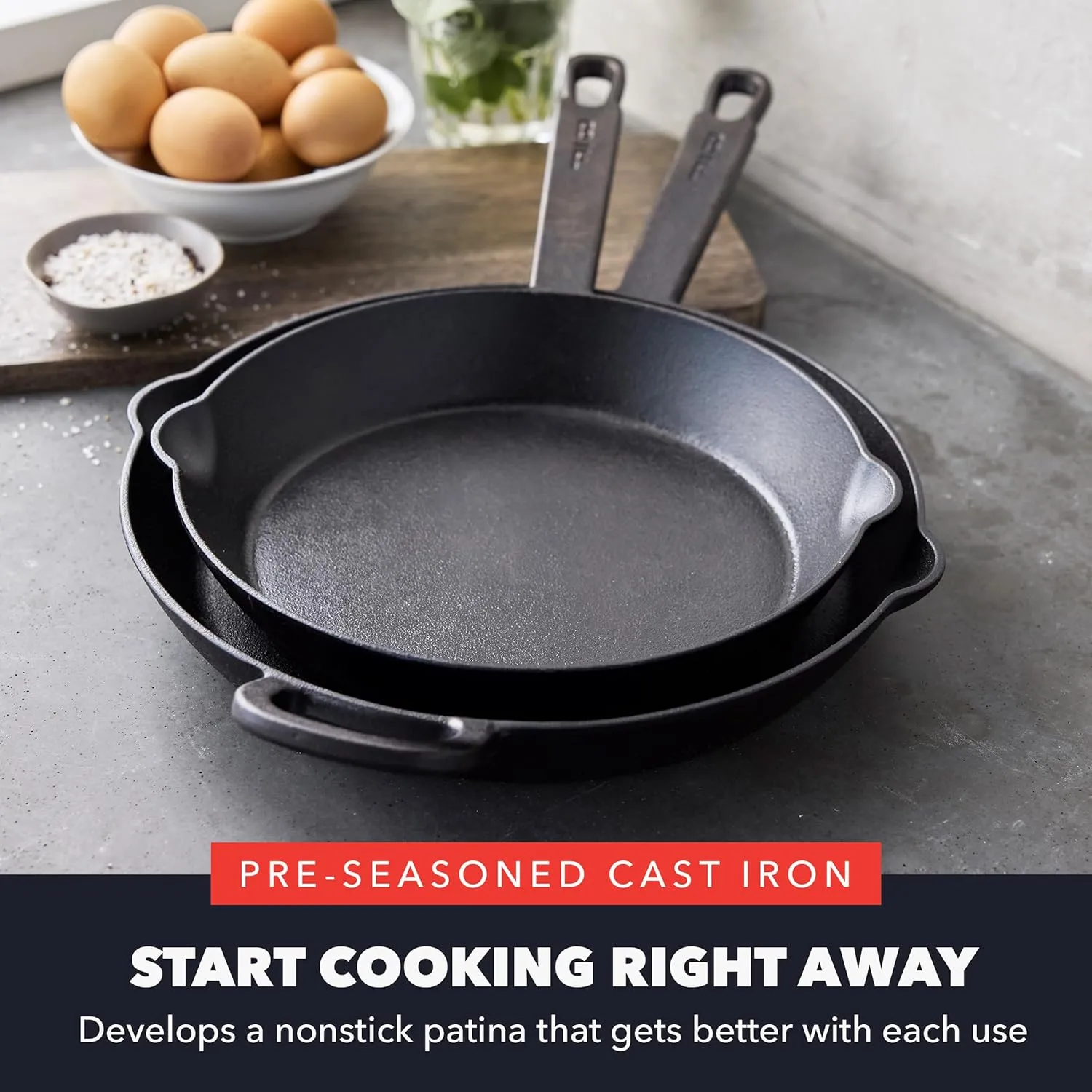 GreenPan x Bobby Flay Cast Iron Pre-Seasoned 8” & 10” Frying Pan Skillet Set, Professional Grade Heavy Duty, Pour Spouts, Induction Versatile Stovetop, Oven, BBQ Fire Grill, Indoor & Outdoor Use,Black