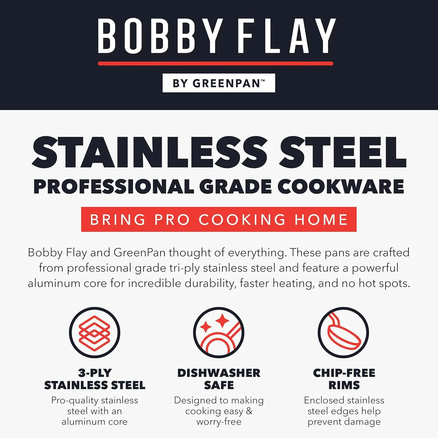 GreenPan x Bobby Flay Stainless Steel 12” Frying Pan Skillet with Glass Lid, Professional Grade Tri Ply, PFAS-Free Ceramic Nonstick, Induction Suitable, Dishwasher & Oven Safe, Stay Cool Handle