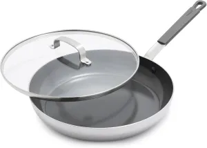 GreenPan x Bobby Flay Stainless Steel 12” Frying Pan Skillet with Glass Lid, Professional Grade Tri Ply, PFAS-Free Ceramic Nonstick, Induction Suitable, Dishwasher & Oven Safe, Stay Cool Handle