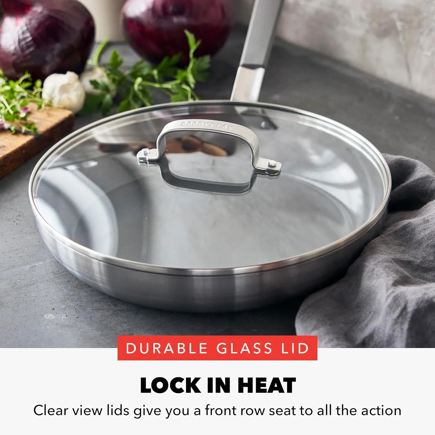 GreenPan x Bobby Flay Stainless Steel 12” Frying Pan Skillet with Glass Lid, Professional Grade Tri Ply, PFAS-Free Ceramic Nonstick, Induction Suitable, Dishwasher & Oven Safe, Stay Cool Handle