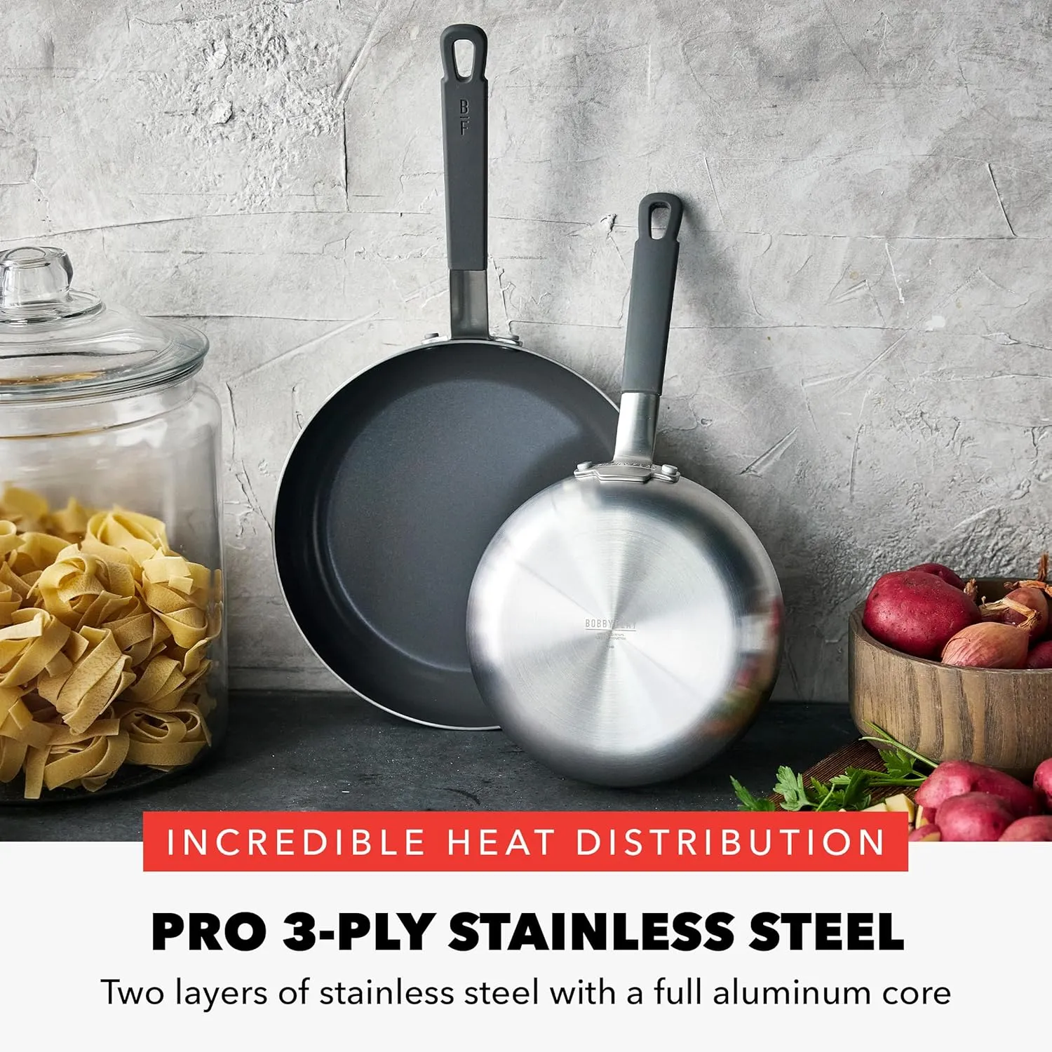 GreenPan x Bobby Flay Stainless Steel 8” & 10” Frying Pan Skillet Set, Professional Grade Tri Ply, PFAS-Free Ceramic Nonstick, Induction Suitable, Dishwasher & Oven Safe, Stay Cool Handle