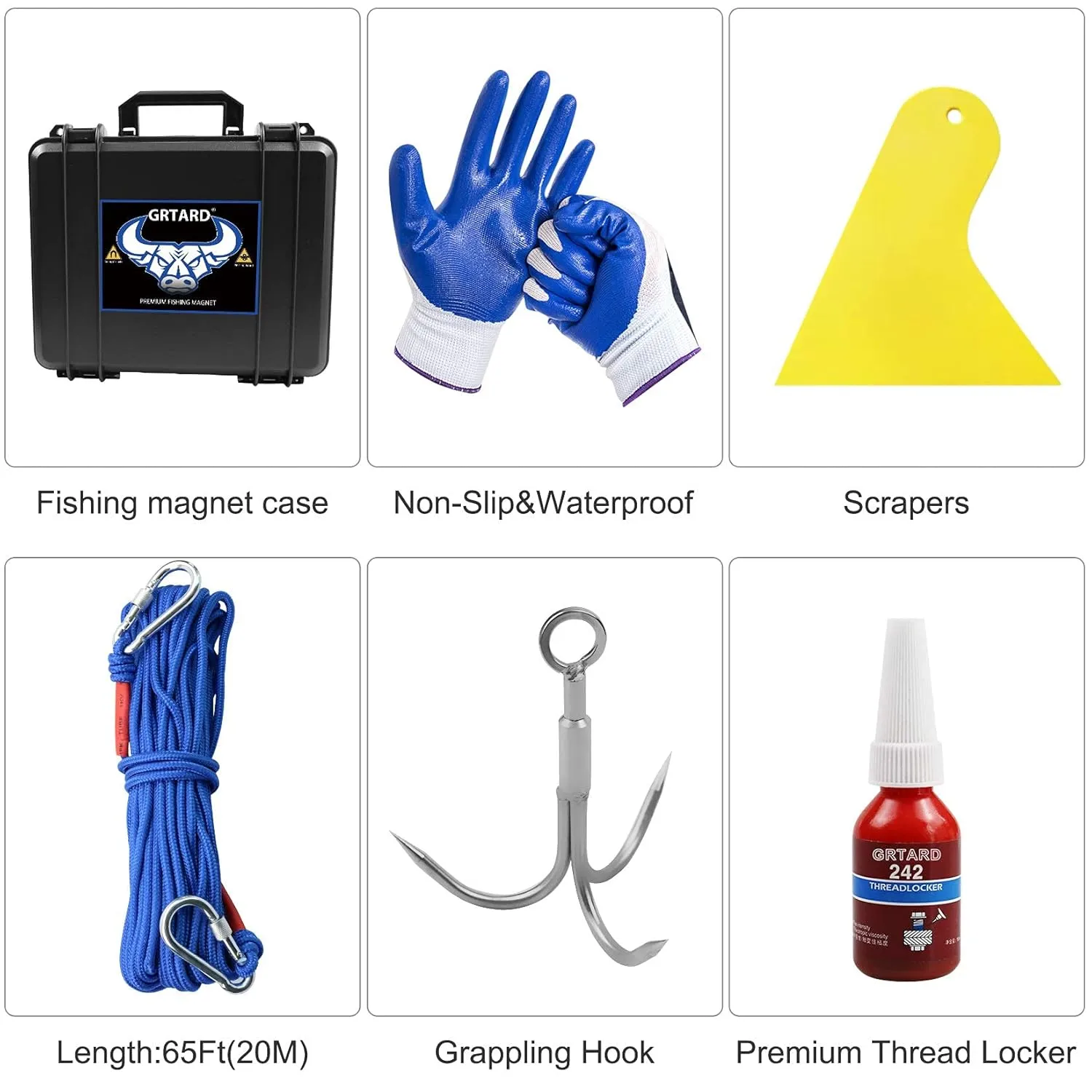 Grtard 700LBS Magnet Fishing Kit, Super Strong Neodymium Fishing Magnets, Complete Fishing Magnet Kit with Case, Strong Magnets, 20m (65 Ft) Durable Rope, Carabiner, Protective Gloves, Grappling Hook