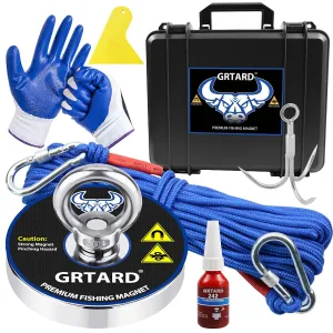 Grtard 700LBS Magnet Fishing Kit, Super Strong Neodymium Fishing Magnets, Complete Fishing Magnet Kit with Case, Strong Magnets, 20m (65 Ft) Durable Rope, Carabiner, Protective Gloves, Grappling Hook