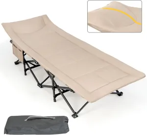 GYMAX Folding Camping Cot for Adults w/Cushion & Pillow, Padded Portable Outdoor Sleeping Bed w/Carrying Bag, 10-Point Structure, Load 450 LBS, Tent Cot Lightweight for Office Home Travel (Khaki)
