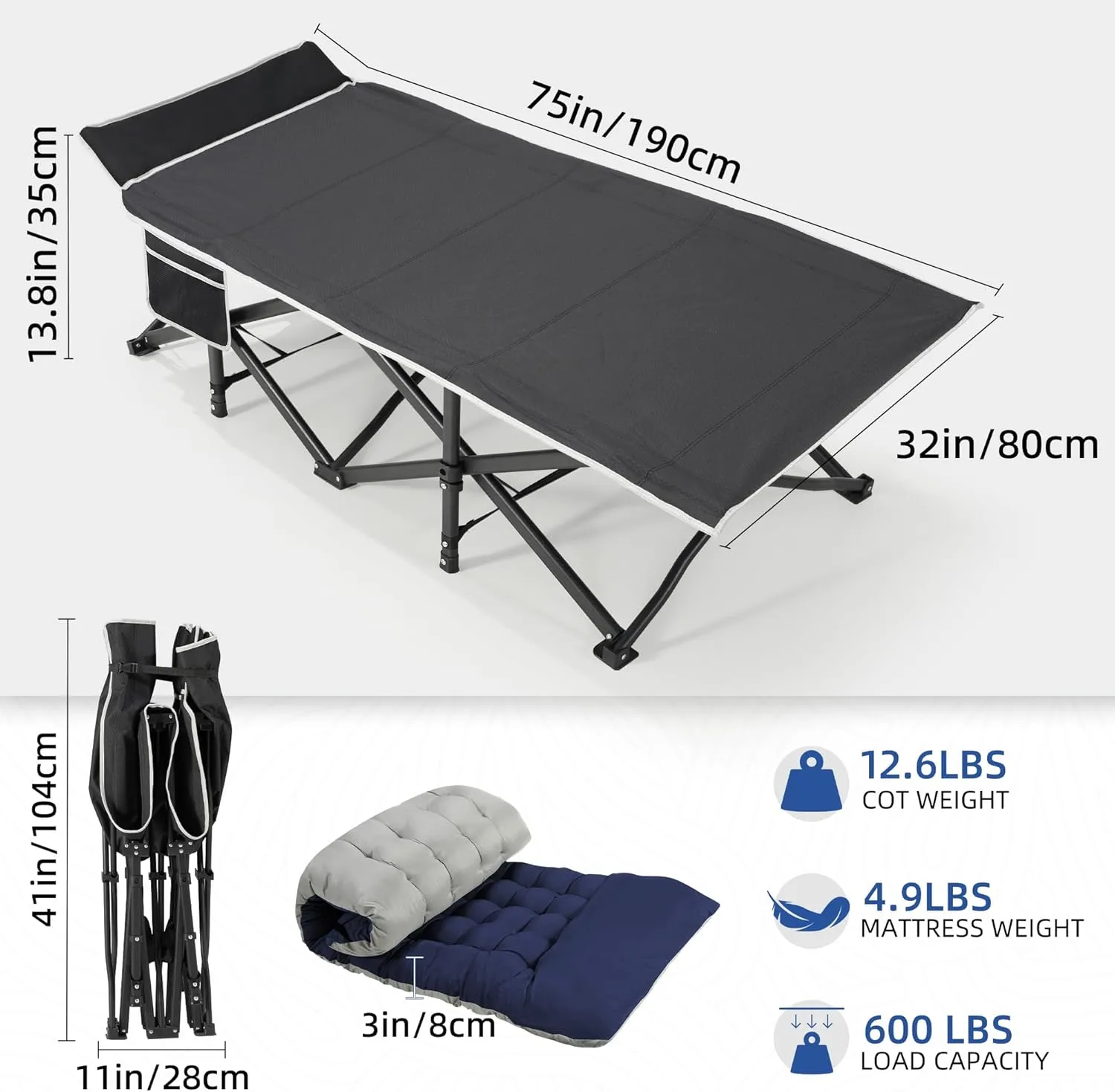 HABUTWAY Camping Cot with Mattress, 32" Extra Wide Camping Cots for Adults, Sleeping Cot for Adults Holds Up to 600LBS, Cots for Sleeping, Camp, Rv, Beach, Patio, Office Naps(Blue)