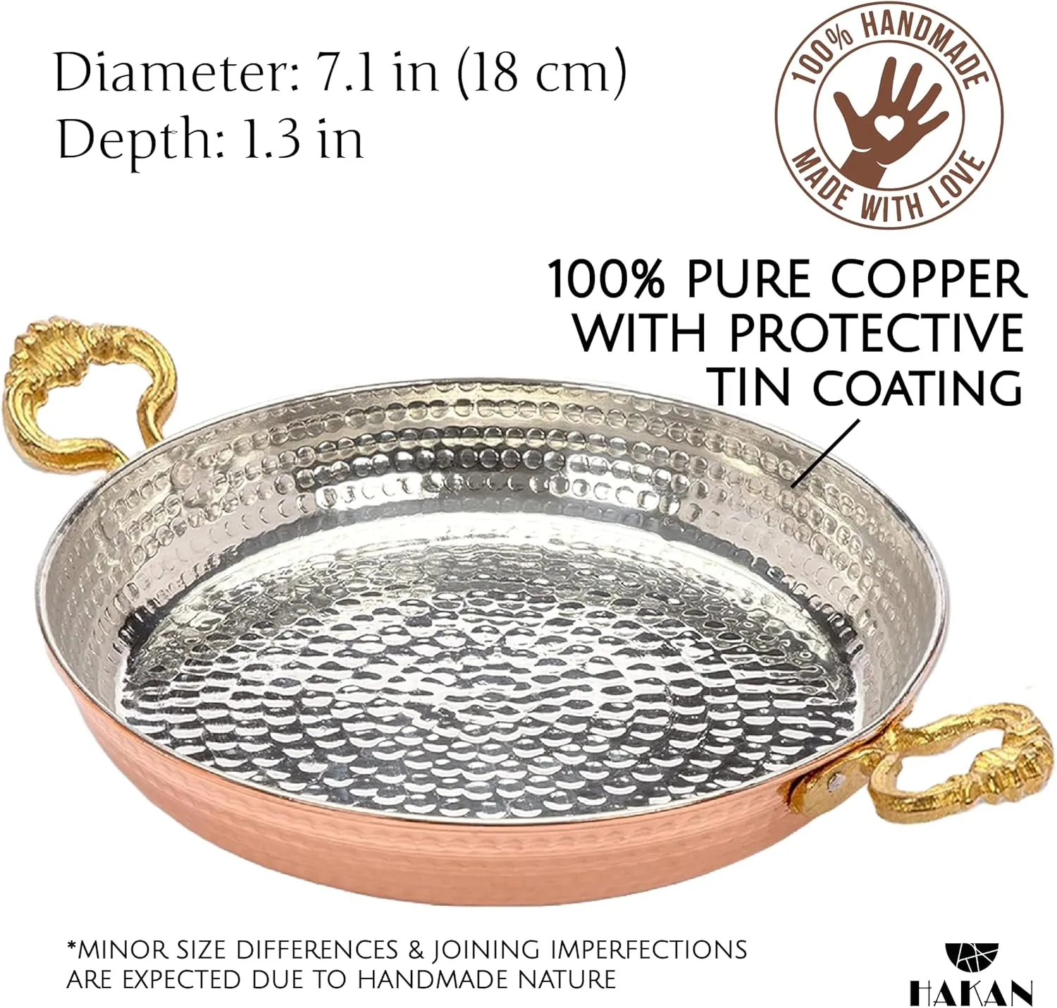 Hakan Copper Egg Pan for Cooking | Handmade Frying Pan | Hammered Skillet with Double Handles for Omelette | Authentic Kitchen Cookware & Copper Gifts Idea, 7.1” (18 cm)