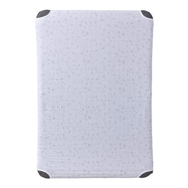 HALO DreamNest Open Airflow SleepSystem Muslin Gray star print sheet.