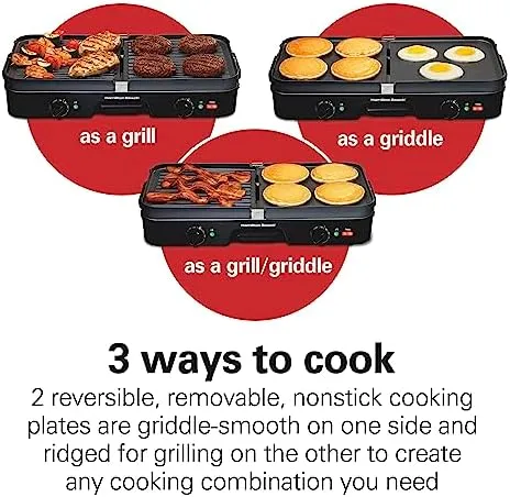 Hamilton Beach 3-in-1 Electric Indoor Grill   Griddle, 8-Serving, Reversible Nonstick Plates, 2 Cooking Zones with Adjustable Temperature (38546), Black