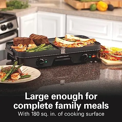 Hamilton Beach 3-in-1 Electric Indoor Grill   Griddle, 8-Serving, Reversible Nonstick Plates, 2 Cooking Zones with Adjustable Temperature (38546), Black