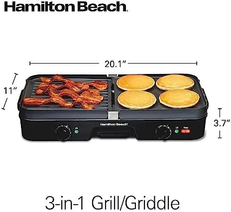 Hamilton Beach 3-in-1 Electric Indoor Grill   Griddle, 8-Serving, Reversible Nonstick Plates, 2 Cooking Zones with Adjustable Temperature (38546), Black