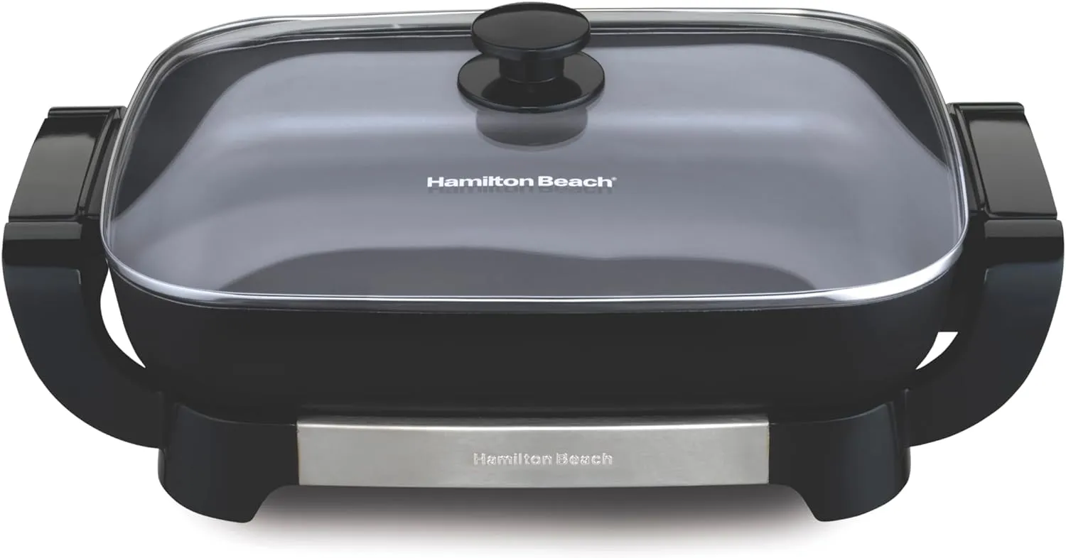 Hamilton Beach Electric Skillet with PFAS-Free Durathon Ceramic Coating, Removable 12x15” Pan, Adjustable Temperature, Reversible Design, Tempered Glass Lid, Black Nonstick Surface (38531)