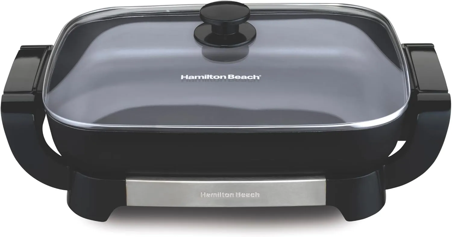 Hamilton Beach Electric Skillet with PFAS-Free Durathon Ceramic Coating, Removable 12x15” Pan, Adjustable Temperature, Reversible Design, Tempered Glass Lid, Black Nonstick Surface (38531)