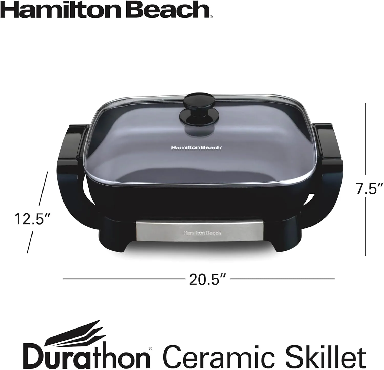 Hamilton Beach Electric Skillet with PFAS-Free Durathon Ceramic Coating, Removable 12x15” Pan, Adjustable Temperature, Reversible Design, Tempered Glass Lid, Black Nonstick Surface (38531)