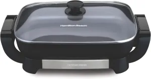 Hamilton Beach Electric Skillet with PFAS-Free Durathon Ceramic Coating, Removable 12x15” Pan, Adjustable Temperature, Reversible Design, Tempered Glass Lid, Black Nonstick Surface (38531)
