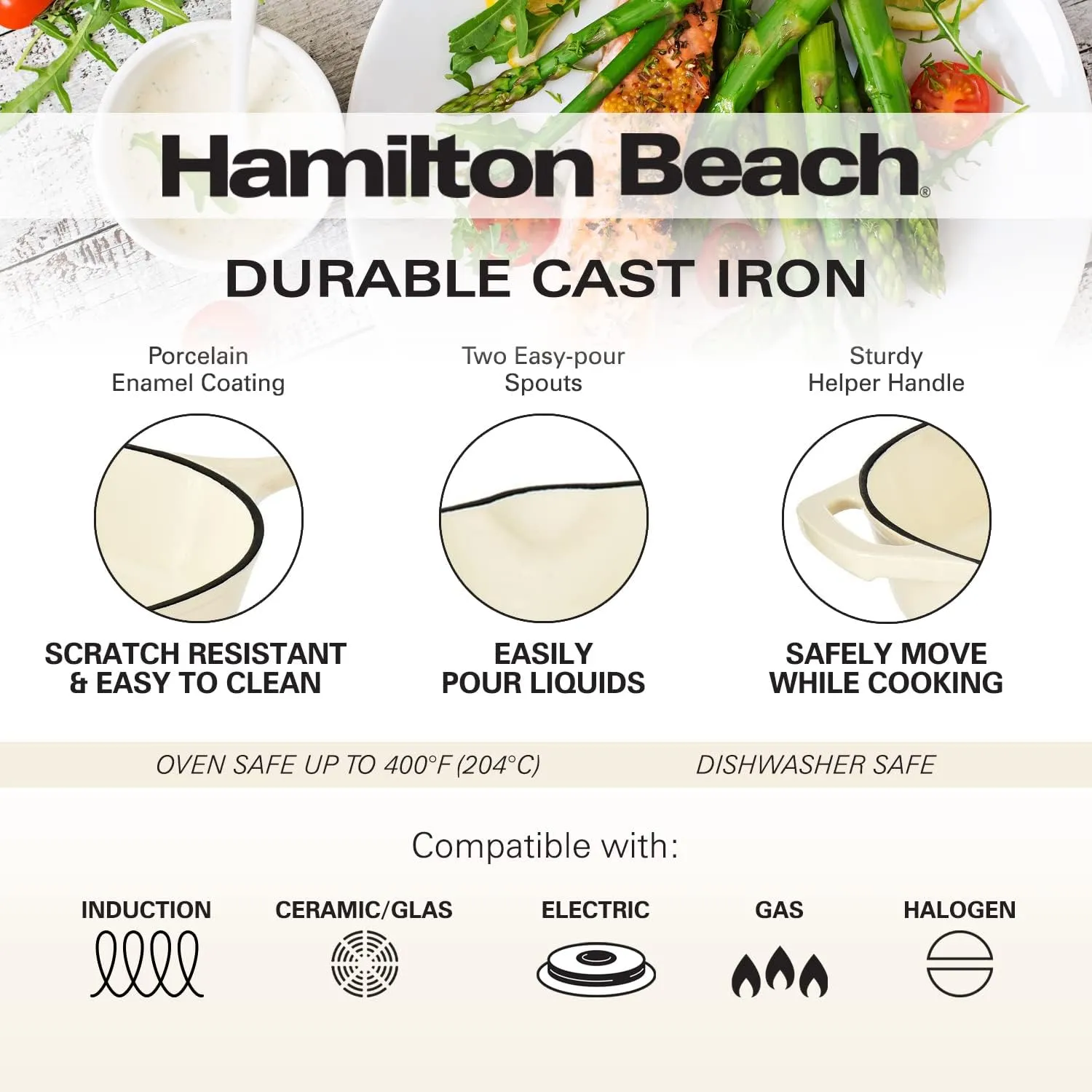 Hamilton Beach Enameled Cast Iron Fry Pan 12-Inch Cream, Cream Enamel Coating, Skillet Pan for Stove Top and Oven