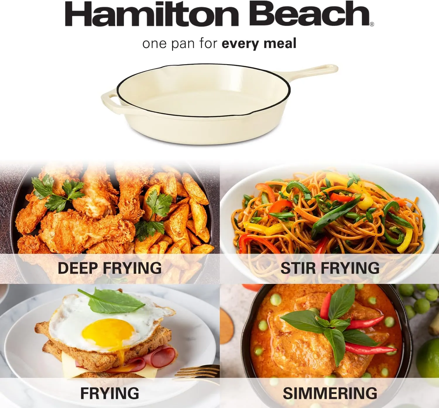 Hamilton Beach Enameled Cast Iron Fry Pan 12-Inch Cream, Cream Enamel Coating, Skillet Pan for Stove Top and Oven