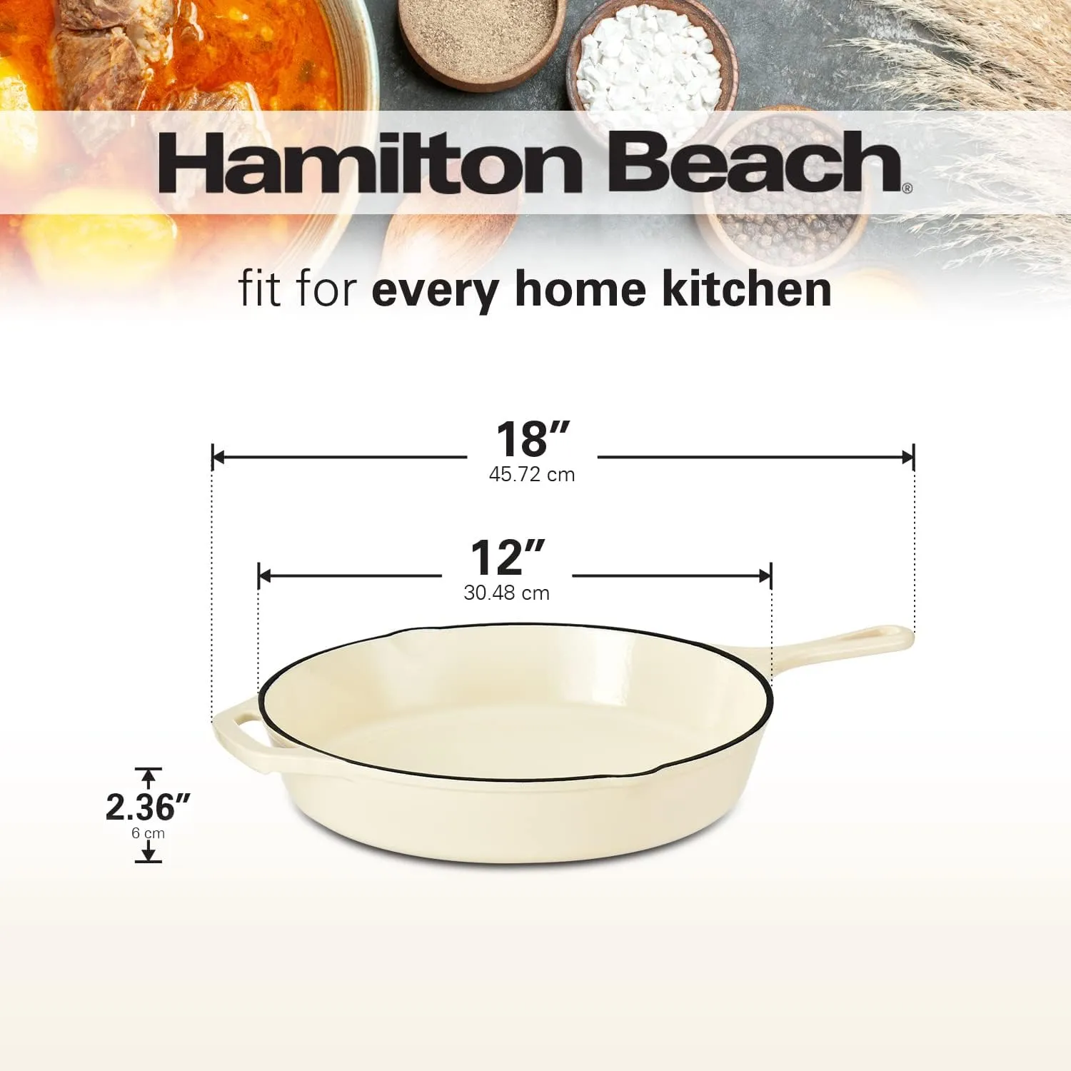 Hamilton Beach Enameled Cast Iron Fry Pan 12-Inch Cream, Cream Enamel Coating, Skillet Pan for Stove Top and Oven