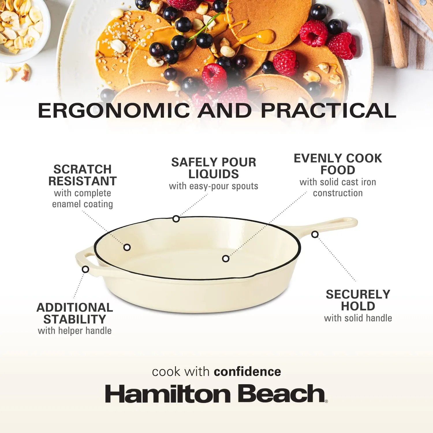 Hamilton Beach Enameled Cast Iron Fry Pan 12-Inch Cream, Cream Enamel Coating, Skillet Pan for Stove Top and Oven